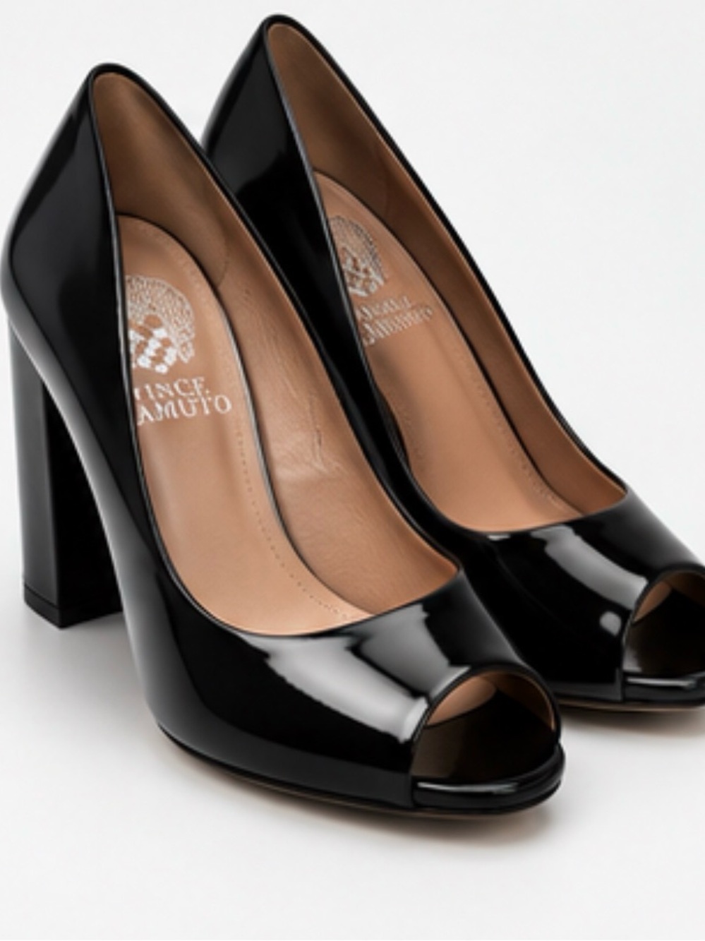 Vince Camuto Black Patent Peep-Toe Block Heels